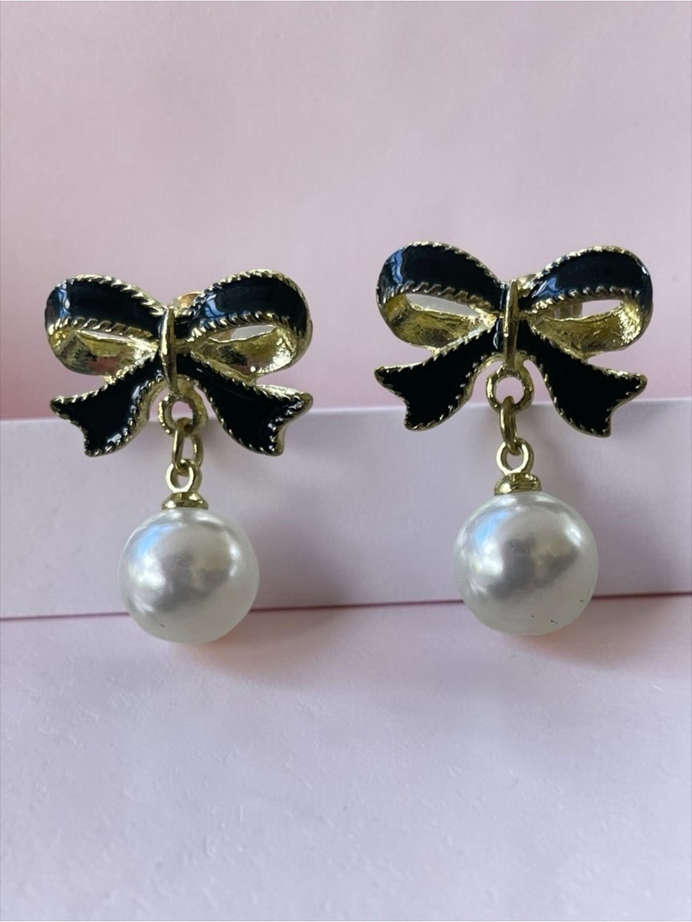 Gold Tone Black Bow Faux Pearl Drop Earrings